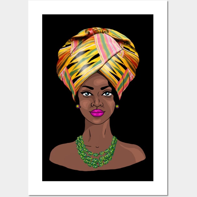 African Melanin Woman in Kente Headgear Wall Art by Merchweaver